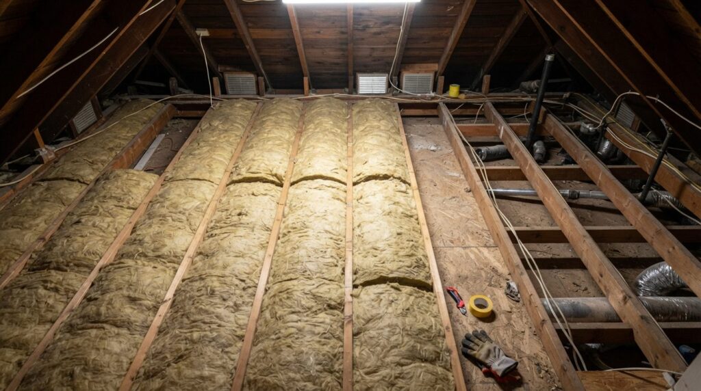 Realistic overhead view of an attic space with newly laid mi