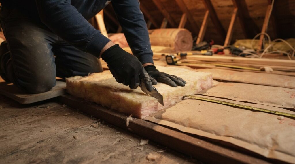 Close-up shot of a contractors hands measuring and cutting