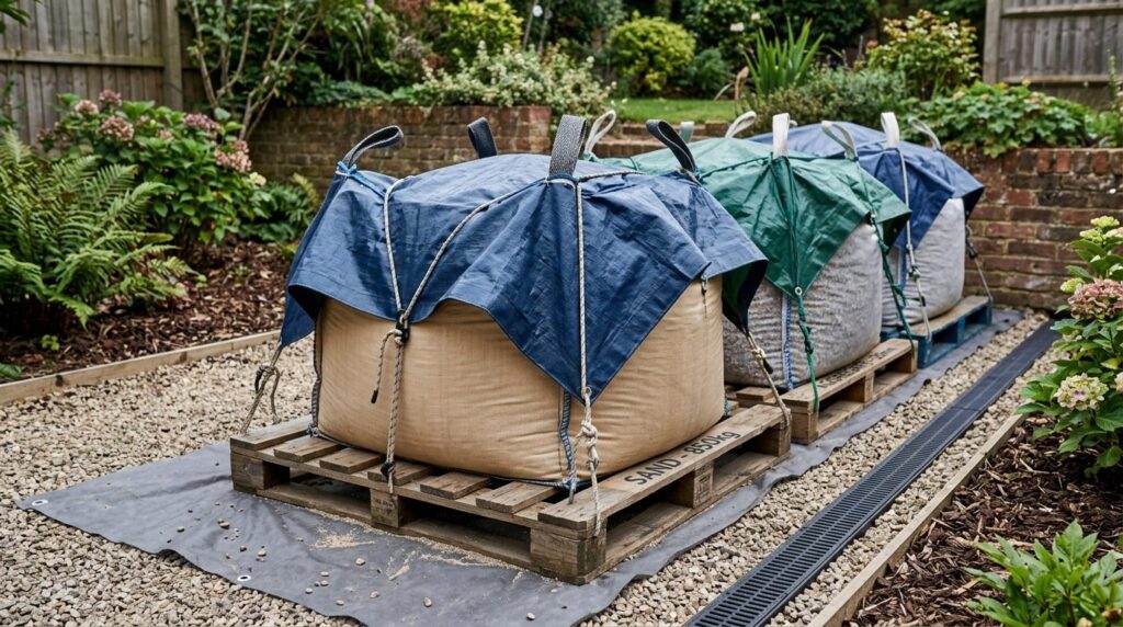 Close-up stock photo of properly secured big bags of loose b