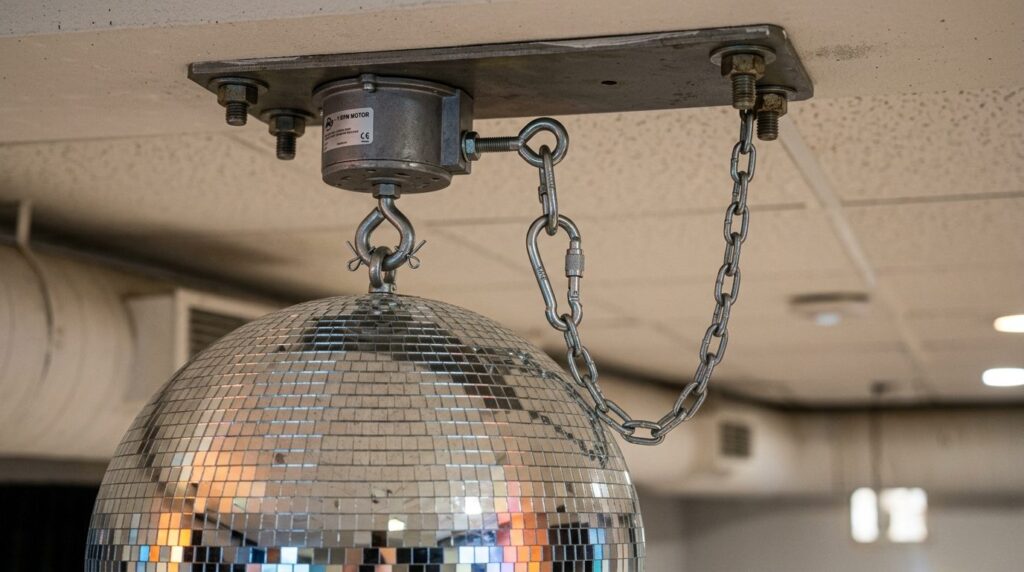 Close-up detailed view of a chrome disco ball mirror sphere