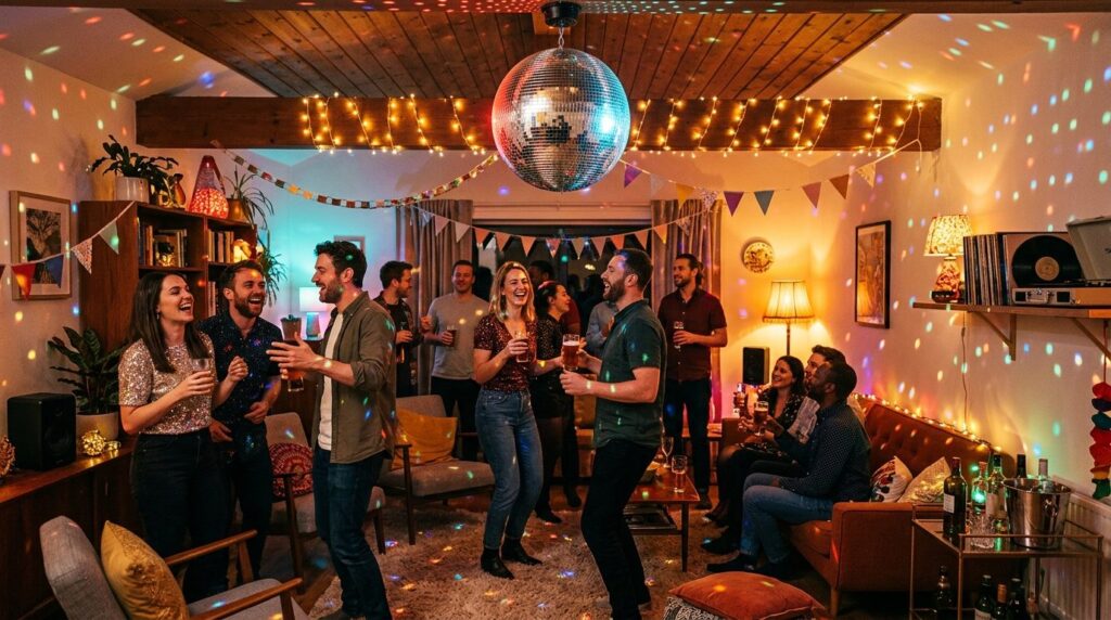 Festive home party scene with a spinning disco ball hanging