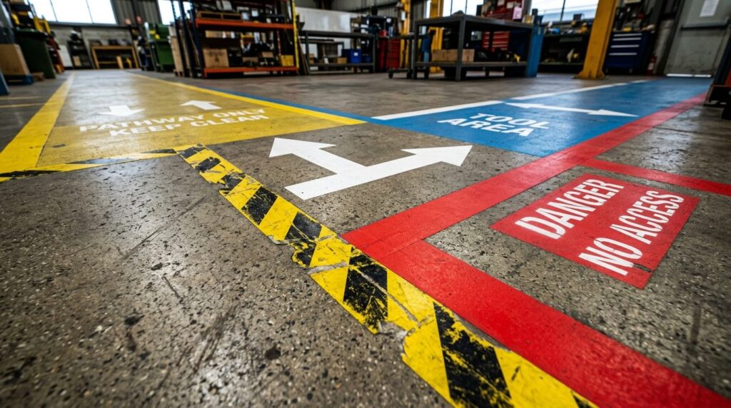 Close-up detail of professional floor tape and safety markin