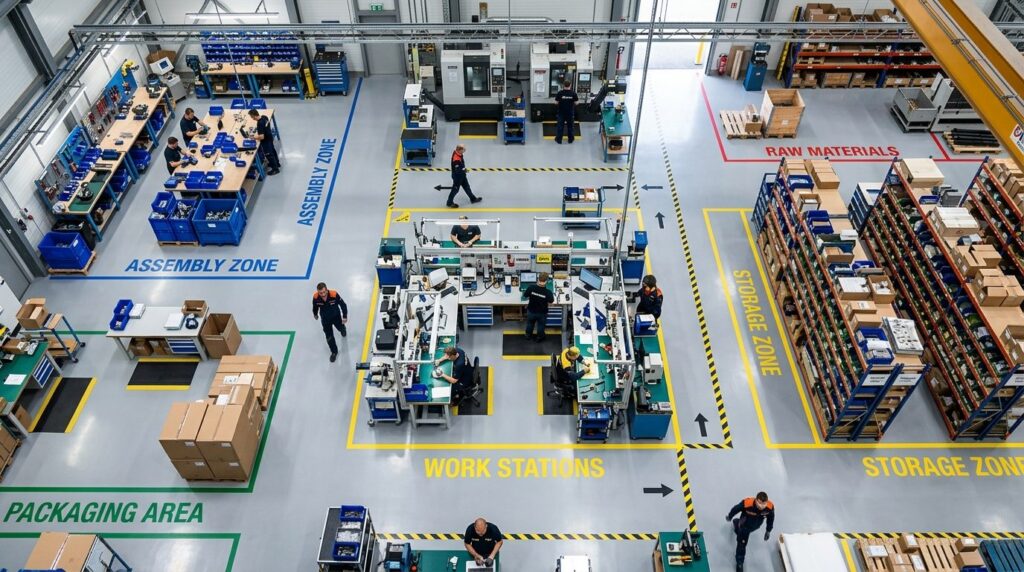 Birds-eye view of a well-organized workshop layout with dis
