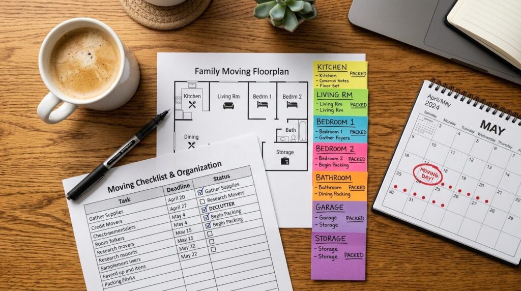 Familieboligplan og flyttechecklist set fra oven.