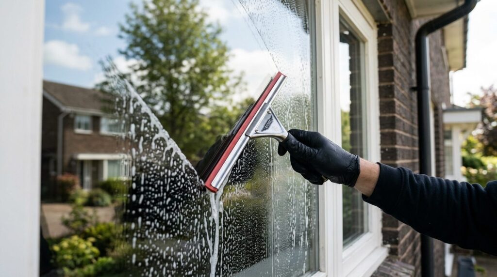 Close-up of professional window cleaning technique showing s