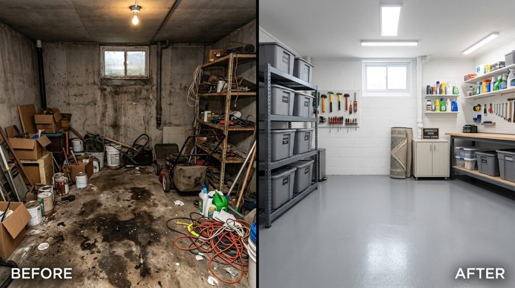Kælder før og efter rengøring vist side ved side i split-screen format.