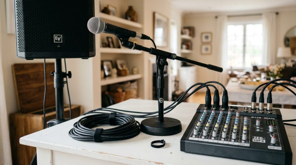 Close-up of professional audio equipment rental setup showin