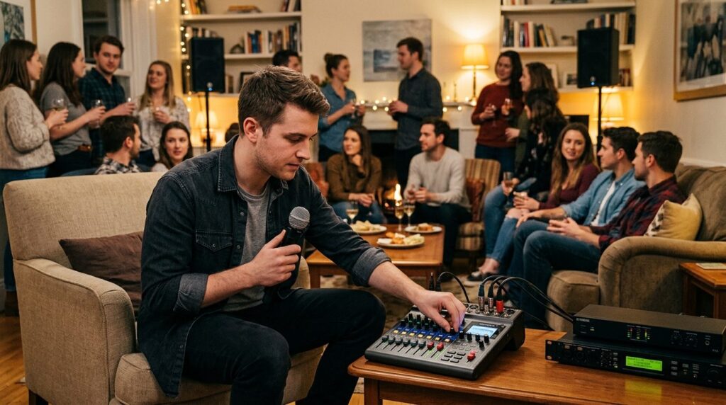 Young host at home gathering adjusting wireless microphone s