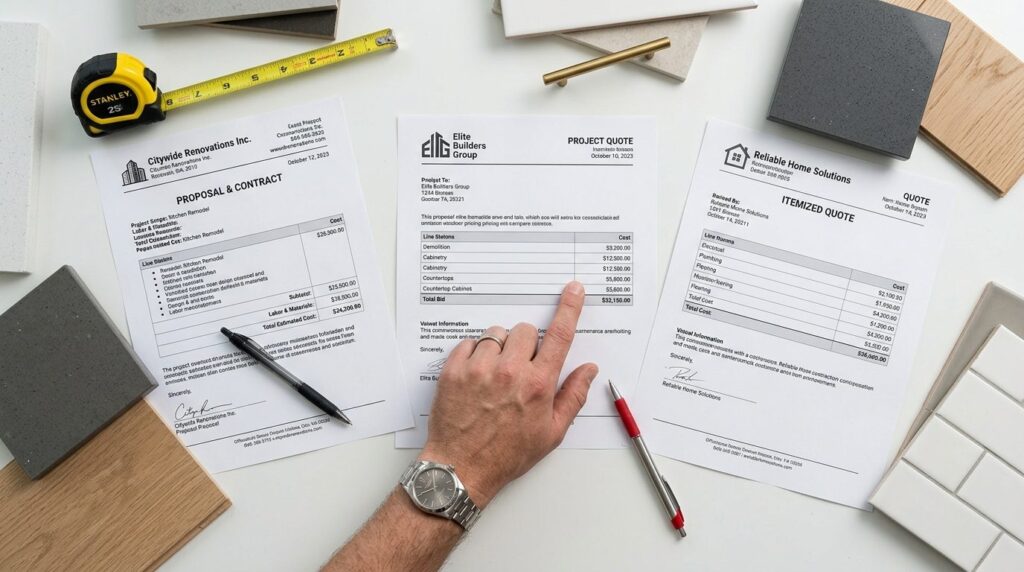 Close-up overhead shot of three different contractor quotes 