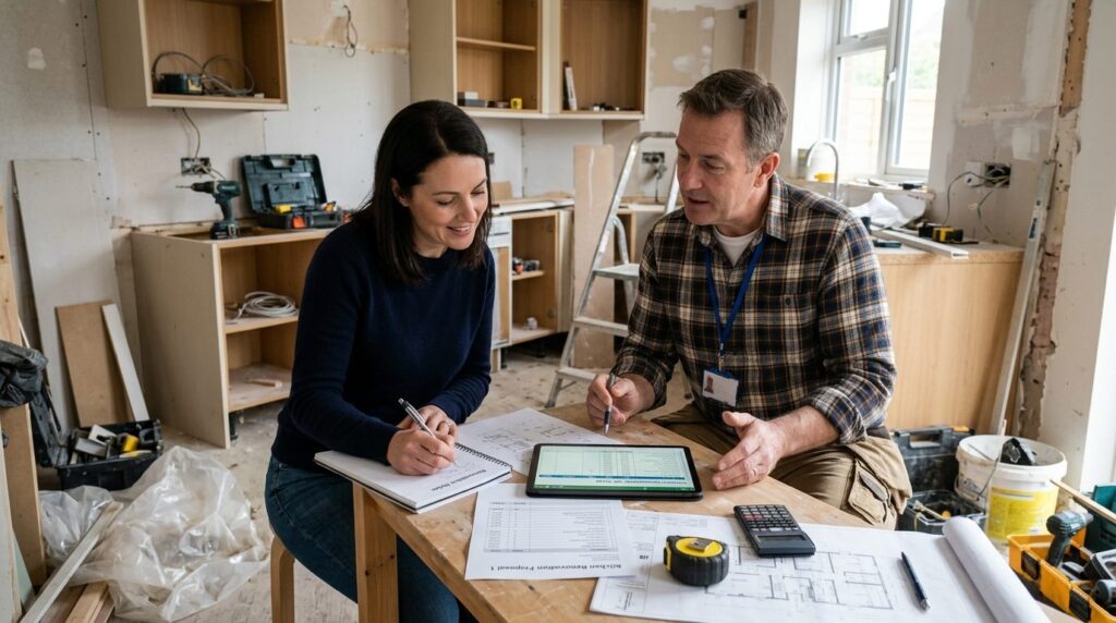 Interior renovation scene showing a homeowner taking notes w