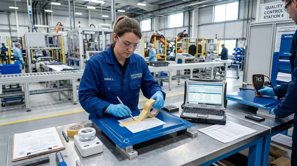 Factory quality control worker performing adhesion and durab