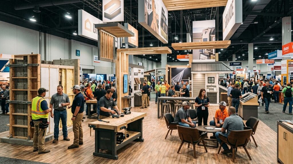 Wide angle view of a distinctive, modern trade show booth in