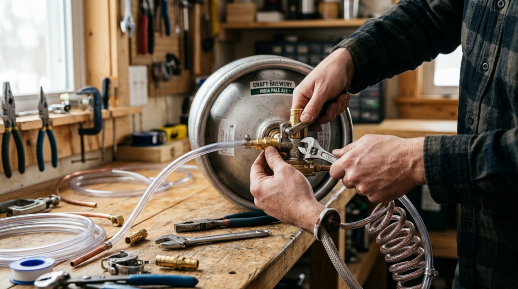 Close-up professional shot of hands installing beer tap line