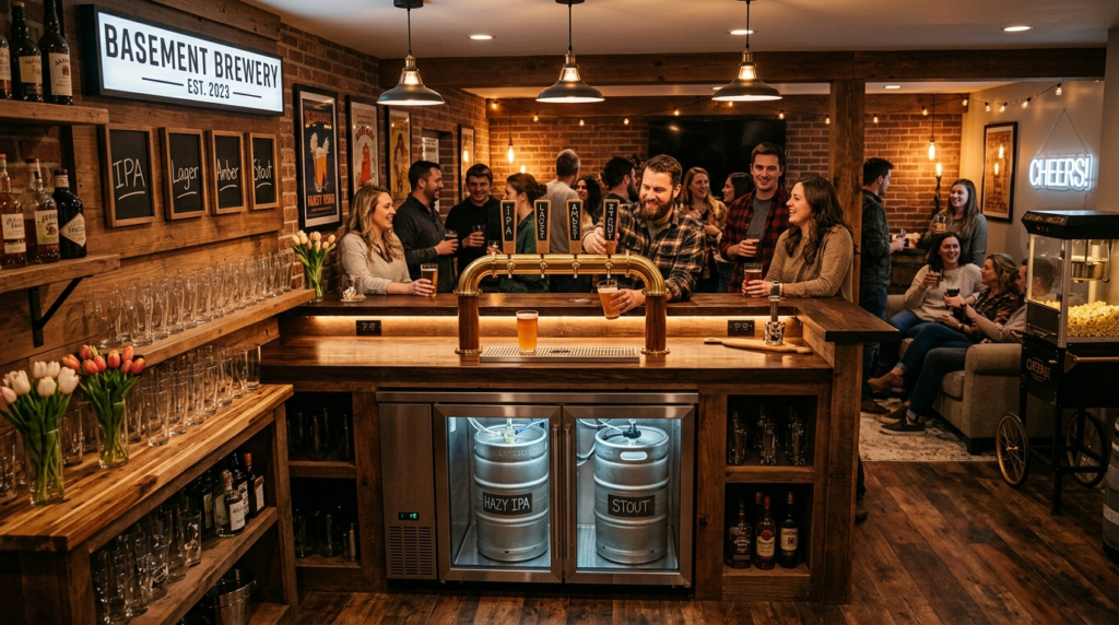 Wide angle interior photo of a fully installed draft beer sy