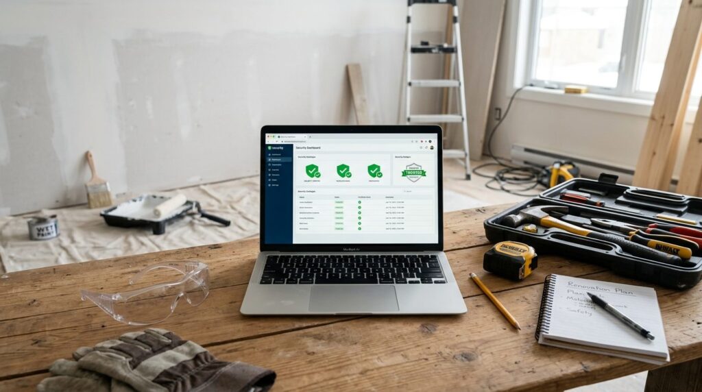 Photorealistic image of a home renovation workspace with lap