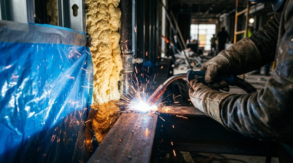 Svejsefakkel sprøjter gnister under arbejde tæt på byggematerialer.