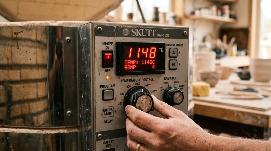 Close-up detail shot of ceramic kiln control panel with digi