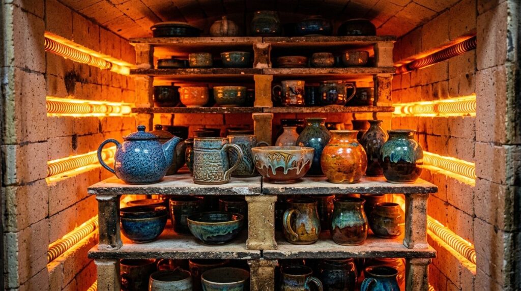 Interior view of ceramic kiln during firing process, showing