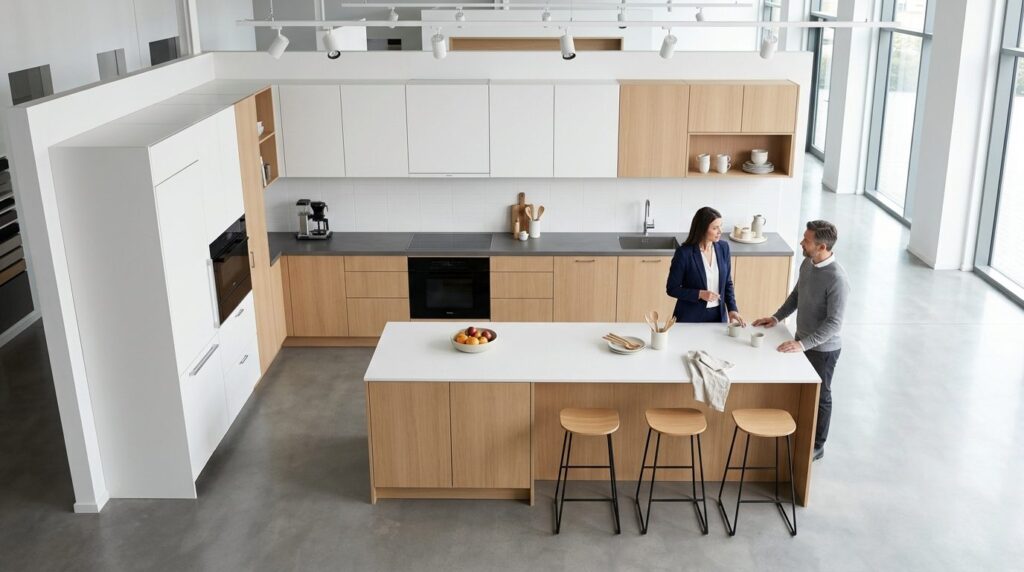 Modern minimalist factory-made kitchen interior, professiona
