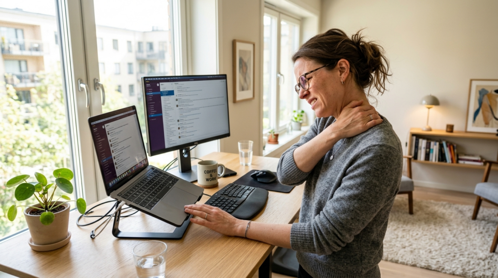 Close-up photorealistic image of a woman at a standing desk