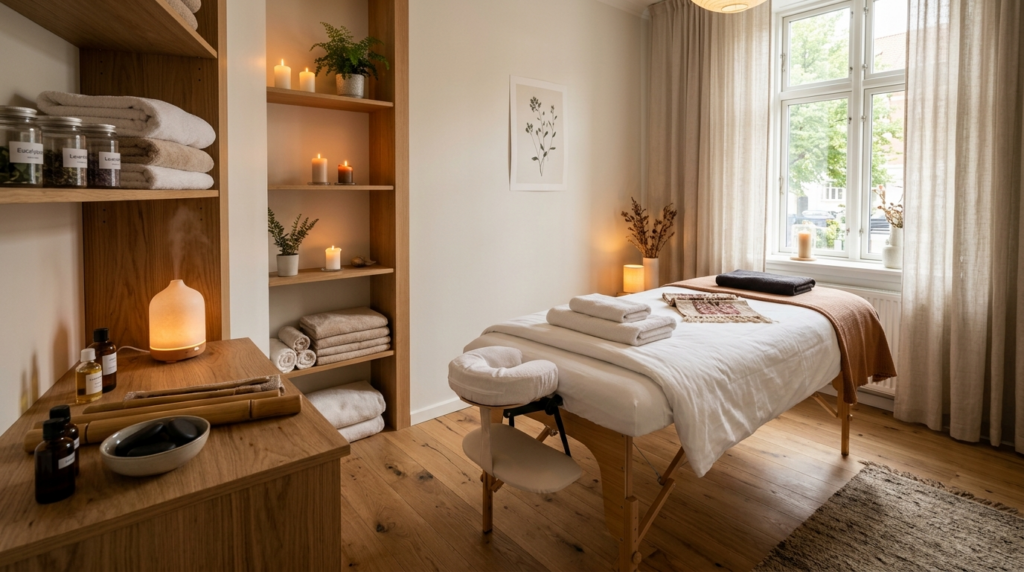 Serene photograph of a professional massage therapy room in