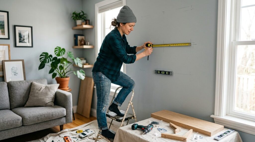 Homeowner in casual work clothes attempting DIY wooden shelf