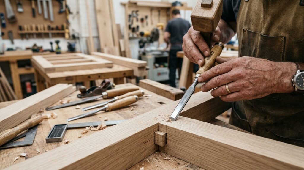 Close-up of skilled carpenters hands using professional woo