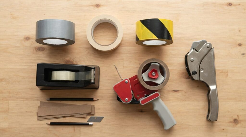 Flat lay photography of tape and dispensing equipment arrang