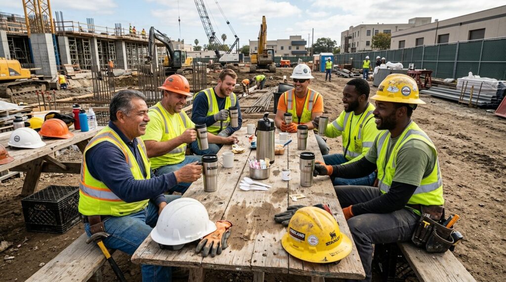 Arbejdere på byggeplads holder pause med drikkeflasker.