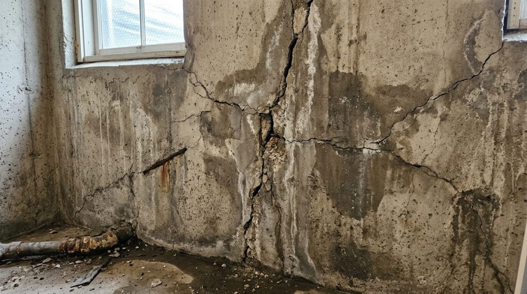 Beskadiget betonkonstruktion i nærbillede med synlige revner og slitage.
