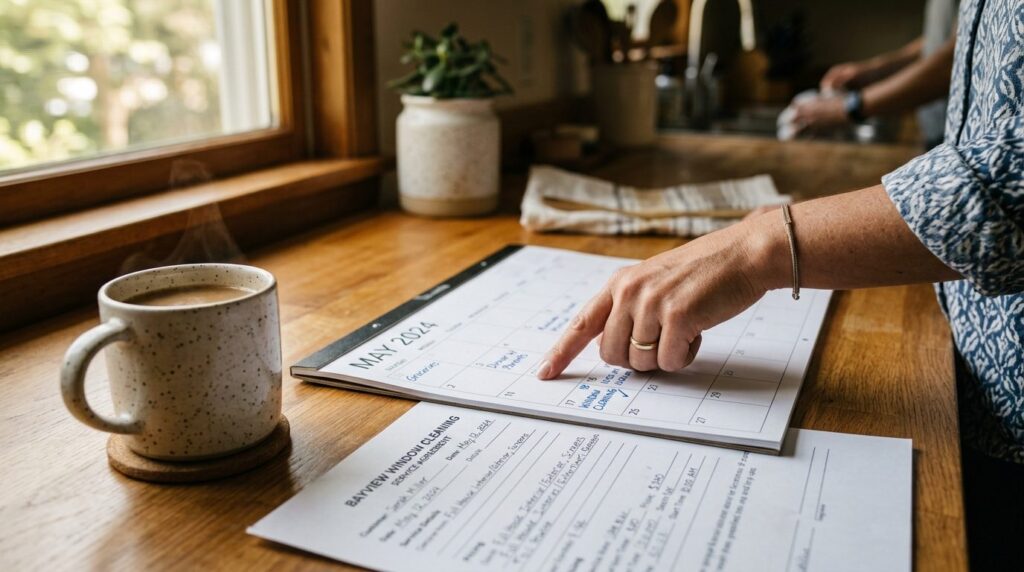 Close-up of homeowner hand pointing at calendar on kitchen t