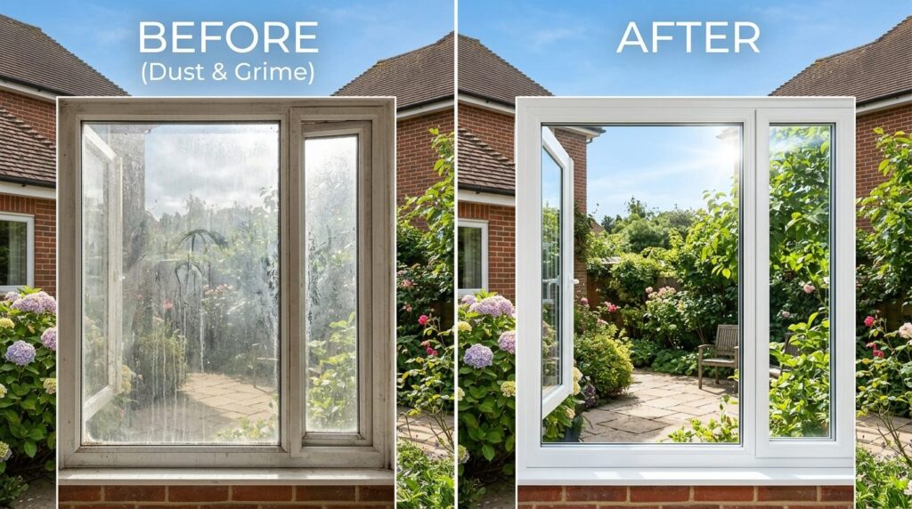 Before and after split screen of residential windows, left s